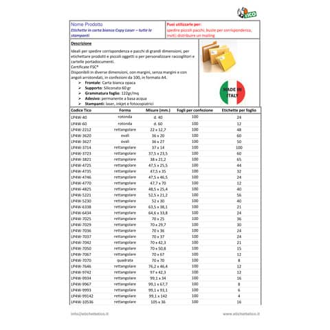 Etichette bianche con angoli arrotondati TICO Copy Laser Premium 63,5x38,1 mm 21 et./foglio - conf. 100 fogli - LP4W-6338